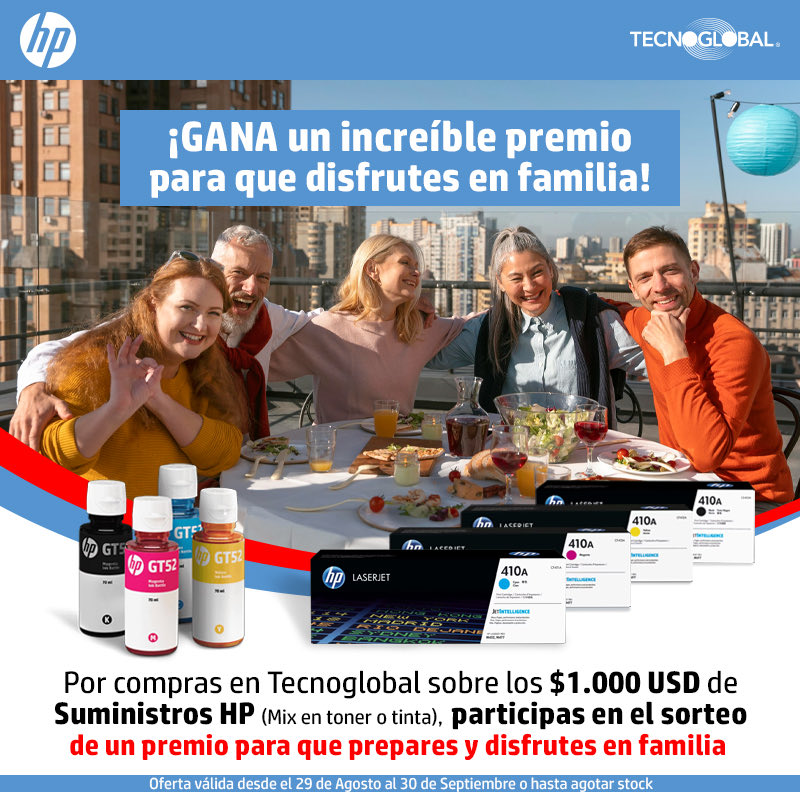 ¡Tecnoglobal y HP regalan un momento único y especial! Por compras sobre 1.000 dólares en suministros y/o productos de impresión de la marca, puedes participar en el sorteo de una experiencia para disfrutar en familia
Promoción válida hasta el 30 de septiembre o 
agotar stock.