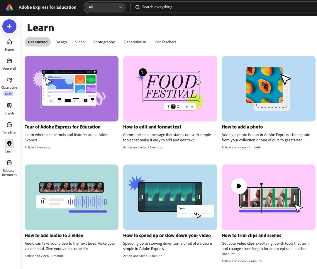 Need <a href="/AdobeExpress/">Adobe Express</a> tips, tutorials, or resources to support your students?

In your EDU account, click on the Learn tab to find how-to videos, Learn articles, teacher insights &amp; more!

💡 Getting Started
👩🏻‍💻 Design
🎬 Video
📸 Photography
✨ Generative AI

adobe.com/education/expr…