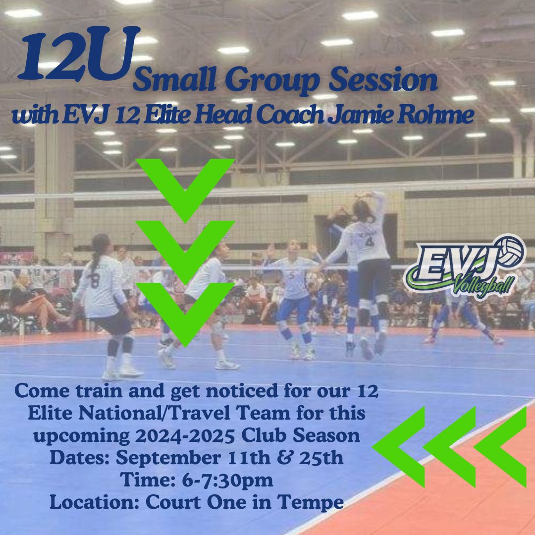 Are you interested in playing your 12s year at EVJ? Do you want to be a part of an elite travel team? If your answer is "YES!", visit the EVJ website to sign up for our two small group sessions led by our 12 Elite Head Coach Jamie Rohme! Show off your skills and get noticed!🏐