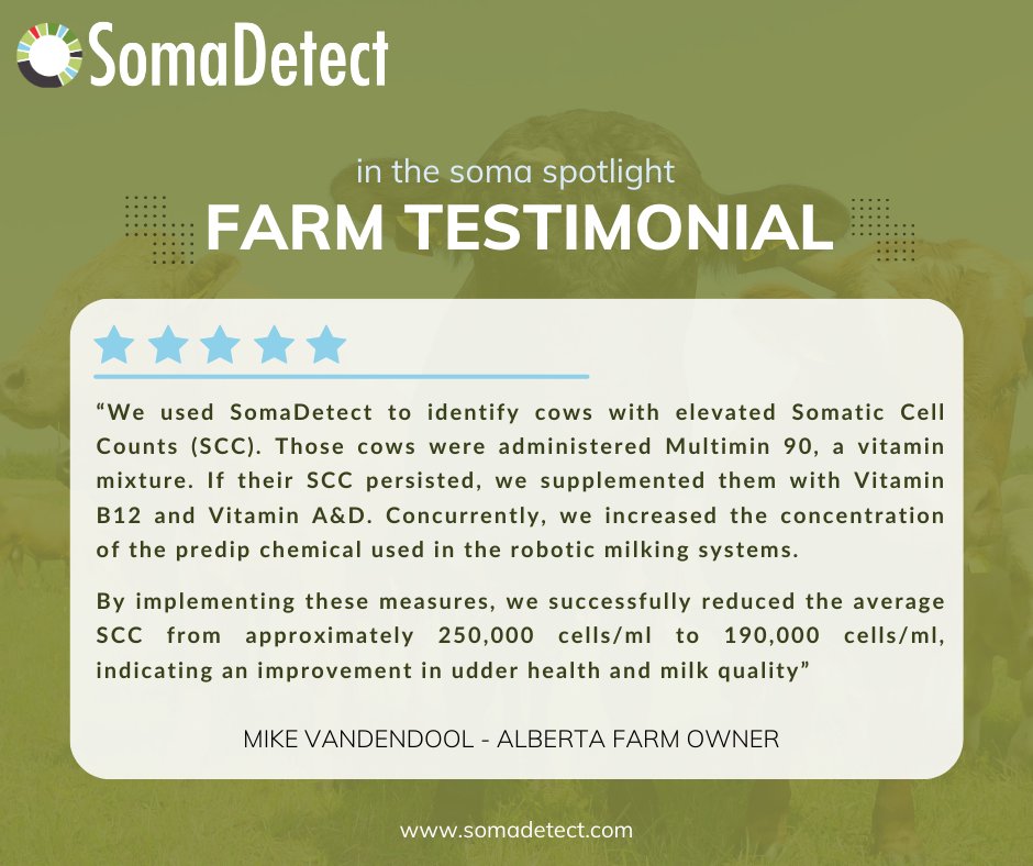 🗣️Testimonial Spotlight: Improving Milk Quality with SomaDetect 🗣️

Today, we’re excited to share a powerful testimonial from Mike Vanden Dool, a farm owner who has seen remarkable results using SomaDetect technology. Mike’s story highlights how our system helped identify cows