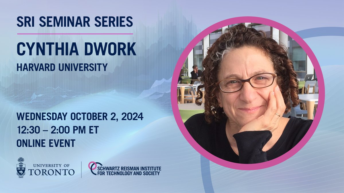 Schwartz Reisman Institute (@torontosri) on Twitter photo 📆 On Oct. 2, we welcome Cynthia Dwork of <a href="/hseas/">Harvard SEAS</a>, a leading figure in theoretical computer science known for establishing the rigorous foundation of differential privacy and breakthroughs in cryptography, algorithmic fairness, and data privacy.
Register: uoft.me/aQ6 📆 On Oct. 2, we welcome Cynthia Dwork of <a href="/hseas/">Harvard SEAS</a>, a leading figure in theoretical computer science known for establishing the rigorous foundation of differential privacy and breakthroughs in cryptography, algorithmic fairness, and data privacy.
Register: uoft.me/aQ6