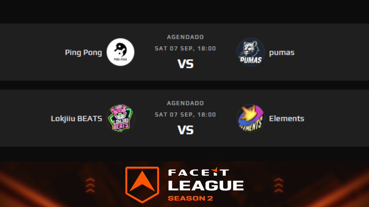 🏆<a href="/FACEIT_OW/">FACEIT Overwatch</a> League SA
Começa a jornada para ser o melhor do SA!
É dia de conhecer os primeiros finalistas

07/09 - 18h - PING PONG X PUMAS
Em seguida - Semifinal
🇺🇸twitch.tv/bullskunk

07/09 - 18h - LOKJIIU BEATS X ELEMENTS
Em seguida - Purgatório
🇧🇷twitch.tv/willianmundi