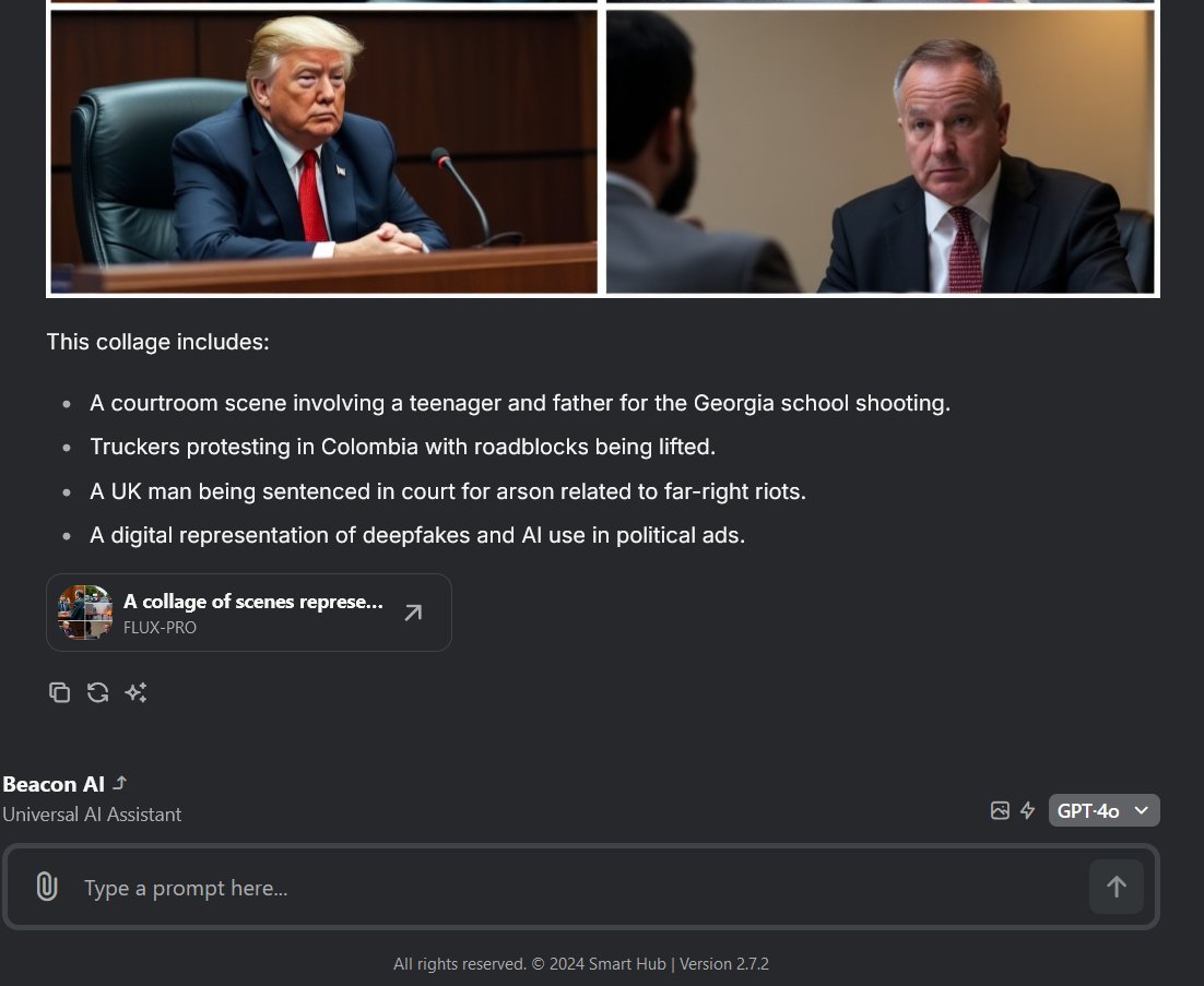 We just launched Beacon AI, your AI Assistant for anything and everything (and 3 new Image Generators).

Want to see what today's major headlines are? It'll provide you real-time data, powered by 4 different AI models.

Want a collage generated that summarizes today's headlines?