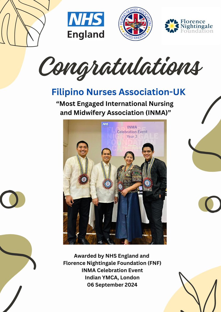 Dr. Paul-John Alegado (@pauljohnalegado) on Twitter photo Congratulations to FNAUK <a href="/filipinonurseuk/">Filipino Nurses Association UK</a> for winning the “Most Engaged INMA 2024” Awarded by <a href="/NHSEngland/">NHS England</a> & <a href="/FNightingaleF/">Florence Nightingale Foundation</a>
Grateful for this recognition!
📷:
<a href="/ariel_lanada/">Ariel Lanada</a>
<a href="/MDalauidao/">Mark Dalauidao</a>
<a href="/r_gargarita/">Gargarita R</a> Congratulations to FNAUK <a href="/filipinonurseuk/">Filipino Nurses Association UK</a> for winning the “Most Engaged INMA 2024” Awarded by <a href="/NHSEngland/">NHS England</a> & <a href="/FNightingaleF/">Florence Nightingale Foundation</a>
Grateful for this recognition!
📷:
<a href="/ariel_lanada/">Ariel Lanada</a>
<a href="/MDalauidao/">Mark Dalauidao</a>
<a href="/r_gargarita/">Gargarita R</a>
