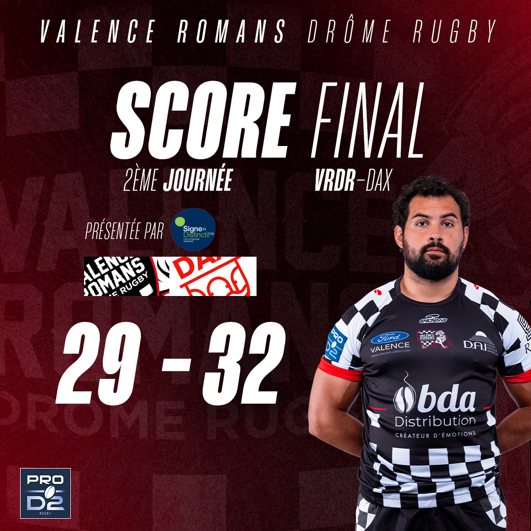 VRDRrugby's tweet photo. [𝐅𝐈𝐍 𝐃𝐔 𝐌𝐀𝐓𝐂𝐇 présenté par Signes Distinctifs : 𝚅𝚁𝙳𝚁 ⚡ @usdaxrugby]

Coup de sifflet final ! Les Damiers s'inclinent malheureusement sur le fil sur le score de 29 à 32 contre de vaillants Dacquois.

#VRDRDAX #ALLEZDAMIERS #TEAMVRDR https://t.co/jotz2tUxXN