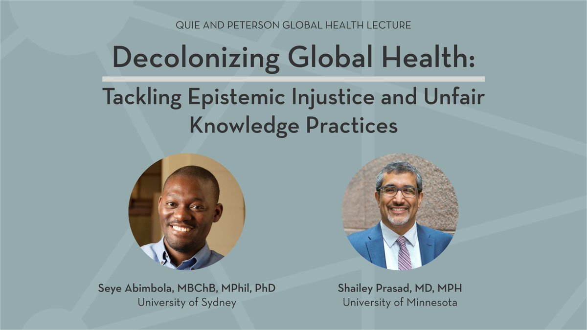Center for Global Health and Social Responsibility (@globalhealthumn) on Twitter photo Join us for our eighth annual Quie and Peterson Lecture on Oct. 8, from noon to 1:15 p.m. CDT. <a href="/seyeabimbola/">Ṣẹ̀yẹ Abímbọ́lá</a> will speak to epistemic injustice in global health and how academicians can identify their own biases to ensure more equitable practices. z.umn.edu/QP2024 Join us for our eighth annual Quie and Peterson Lecture on Oct. 8, from noon to 1:15 p.m. CDT. <a href="/seyeabimbola/">Ṣẹ̀yẹ Abímbọ́lá</a> will speak to epistemic injustice in global health and how academicians can identify their own biases to ensure more equitable practices. z.umn.edu/QP2024