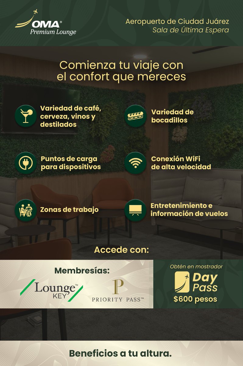 #OMAPremiumLounge te ofrece la mejor experiencia de confort para que te relajes y comiences a disfrutar tu viaje desde la espera.
Accesa con Priority Pass, Lounge Key, o solicita tu Day Pass en el mostrador del salón.
#BeneficiosATuAltura