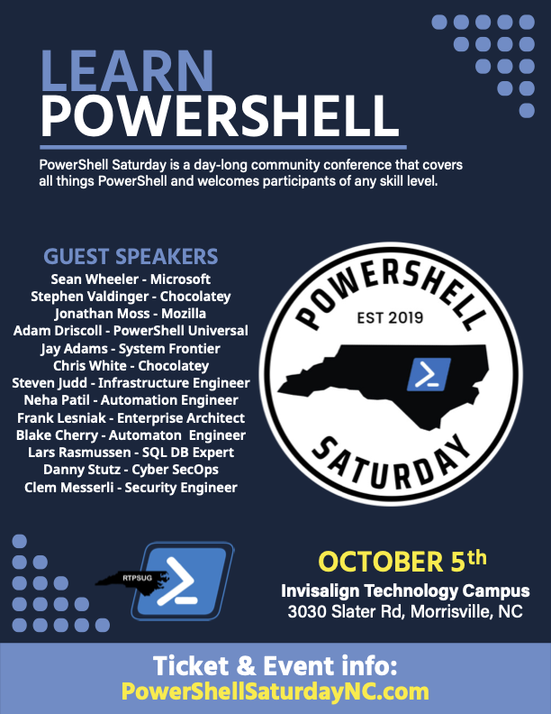 Stephen Valdinger (@steviecoaster) on Twitter photo This is an *unbelievable* value for the cost (only $125). The Chocolatey training alone on Sunday around packaging is worth over $1,000! If you can get to Raleigh, you definitely should. Tix are limited, so be quick, eh? powershellsaturdaync.com
#PowerShell <a href="/chocolateynuget/">Chocolatey</a> This is an *unbelievable* value for the cost (only $125). The Chocolatey training alone on Sunday around packaging is worth over $1,000! If you can get to Raleigh, you definitely should. Tix are limited, so be quick, eh? powershellsaturdaync.com
#PowerShell <a href="/chocolateynuget/">Chocolatey</a>