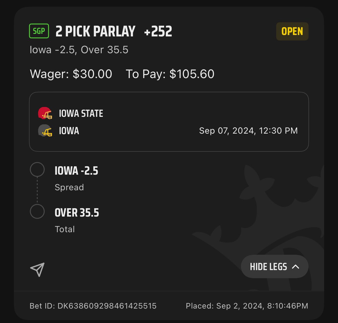 DrewbieDewbyDew's tweet photo. Week 2 

Iowa -3 + Over 35.5  

Iowa’s offense showed signs of life week 1 as they put up almost 500 yards of total offense while Iowa St. allowed 300 yards and 20 first downs to U. Of North Dakota. I also like this game to go well over the point total 35.5. https://t.co/H7YtUCouKl
