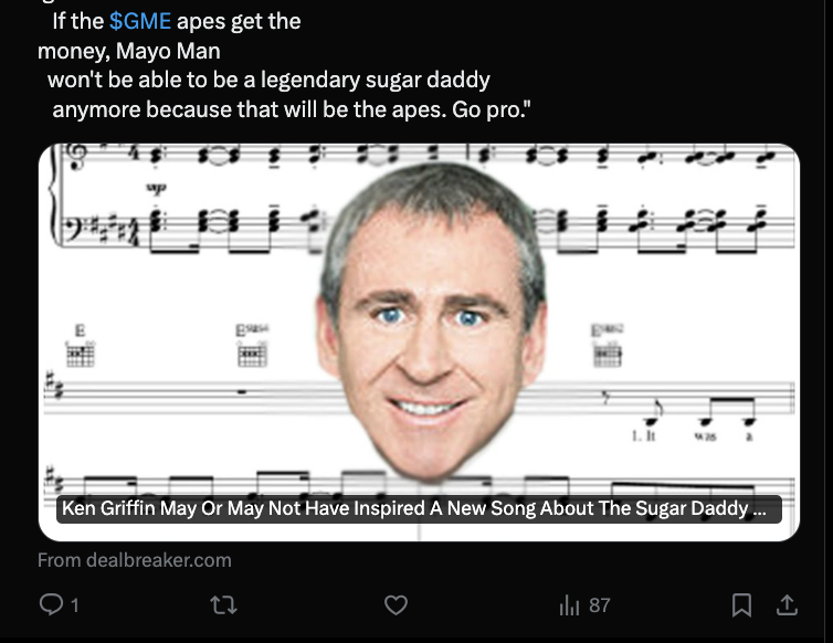ThunderbirdPoet's tweet photo. Hey $GME apes.
Ken Griffin is a sugar daddy, there's a song about it, and
@ryancohen knew.
I quote tweeted an experimental poem I wrote. It's a rabbit trail of self discovery to an article about Mayo Man and the sugar daddy song that was written about him in 2016.
#GameStop https://t.co/Vx22qnjGQl