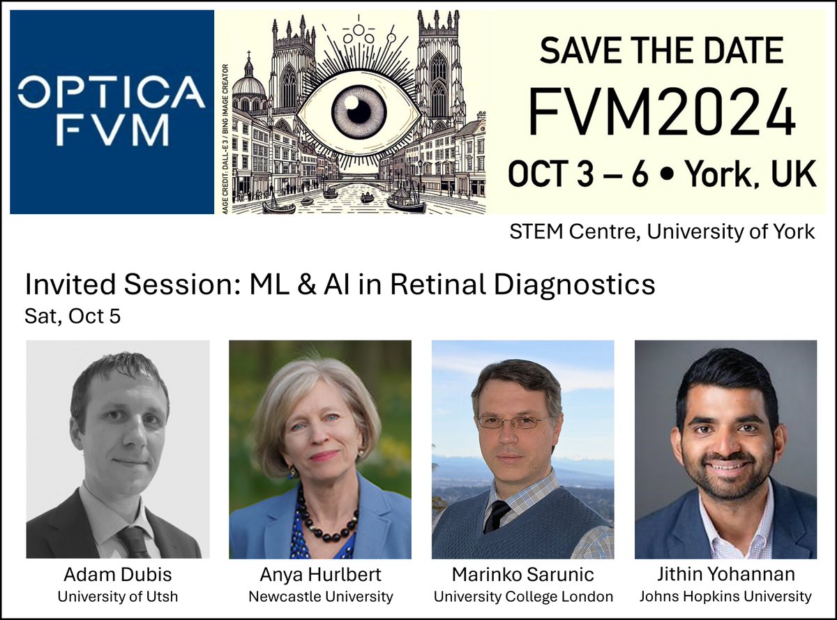 Optica_FVM's tweet image. 🤖🔍 Invited Session: ML/AI in Retinal Diagnostics

Learn how AI is transforming retinal imaging &amp;amp; diagnostics and discuss the broader ethical ramifications of this technology

Adam Dubis (Utah)
Anya Hurlbert (Newcastle)
Marinko Sarunic (UCL)
Jithin Yohannan (JHU)

#OpticaFVM2024