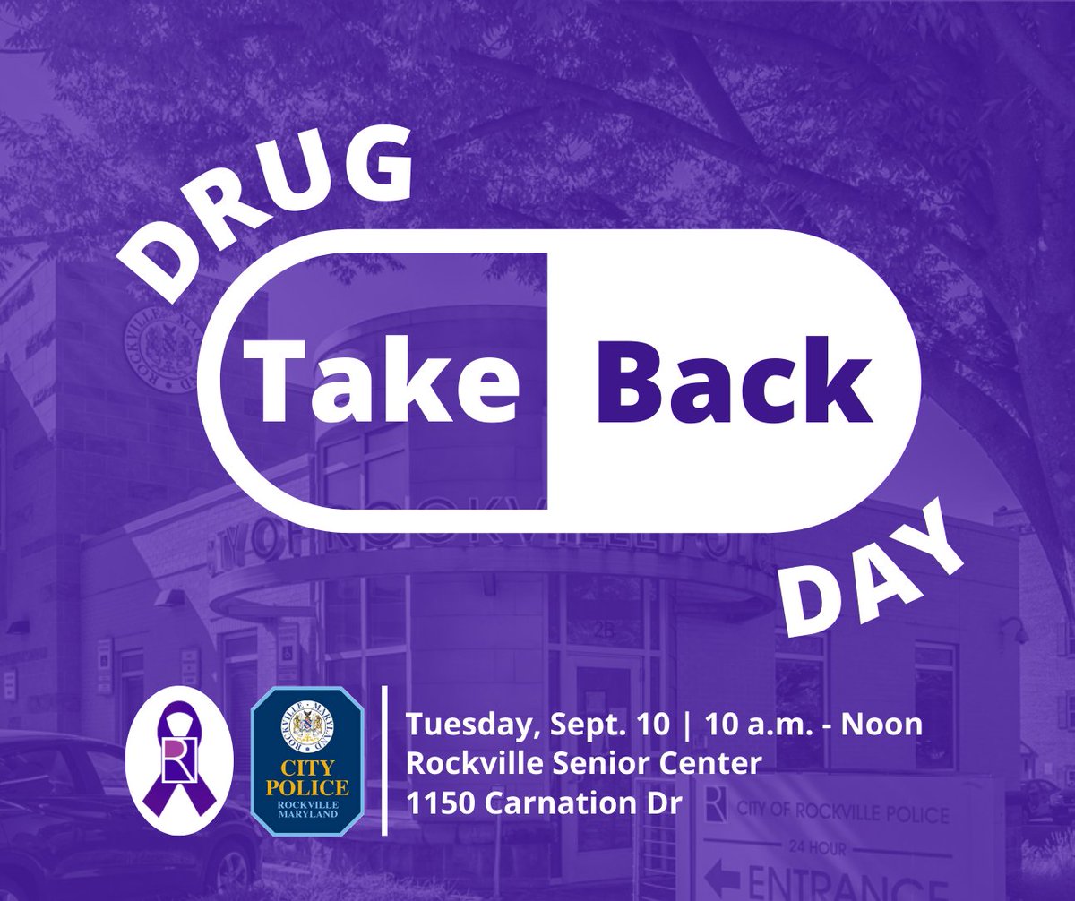 As part of Rockville Goes Purple, bring unused, unwanted or expired prescription and over-the-counter medications to the Senior Center this Tuesday, Sept. 10, where Rockville City Police officers will be available to take them for disposal.