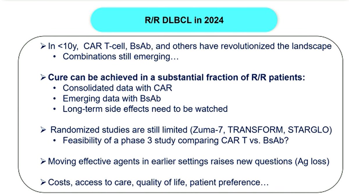 Lymphoma Hub (@lymphomahub) on Twitter photo CONGRESS | #SOHO2024
@gilles_salles <a href="/MSKCancerCenter/">Memorial Sloan Kettering Cancer Center</a> discusses how to sequence therapies in R/R DLBCL, with the aim to optimize the chance of cure; concluding with a look to the future landscape and the possibility of achieving a cure amongst a substantial fraction of patients. CONGRESS | #SOHO2024
@gilles_salles <a href="/MSKCancerCenter/">Memorial Sloan Kettering Cancer Center</a> discusses how to sequence therapies in R/R DLBCL, with the aim to optimize the chance of cure; concluding with a look to the future landscape and the possibility of achieving a cure amongst a substantial fraction of patients.