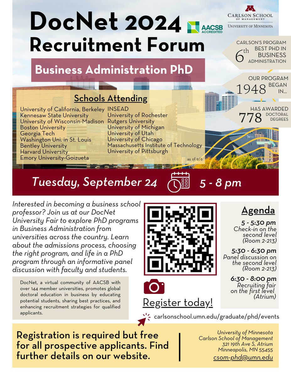 csom_phd's tweet image. What are you doing on Tuesday the 24th? Interested in a PhD degree in Business Administration? Please consider attending our recruitment fair! #csom #csomphd #phd 
carlsonschool.umn.edu/graduate/phd/e…