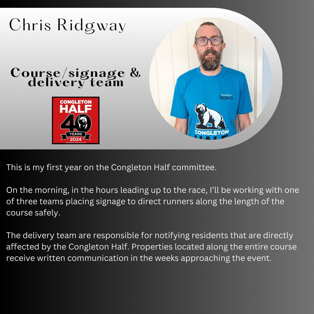 🔴 Congleton Half - Meet the half committee 🔴

In our next 'Meet the half committee' interview, we catch up with Chris Ridgway, and find out more about his responsibilities both as a committee member, and as a member of our course/signage &amp; delivery team.