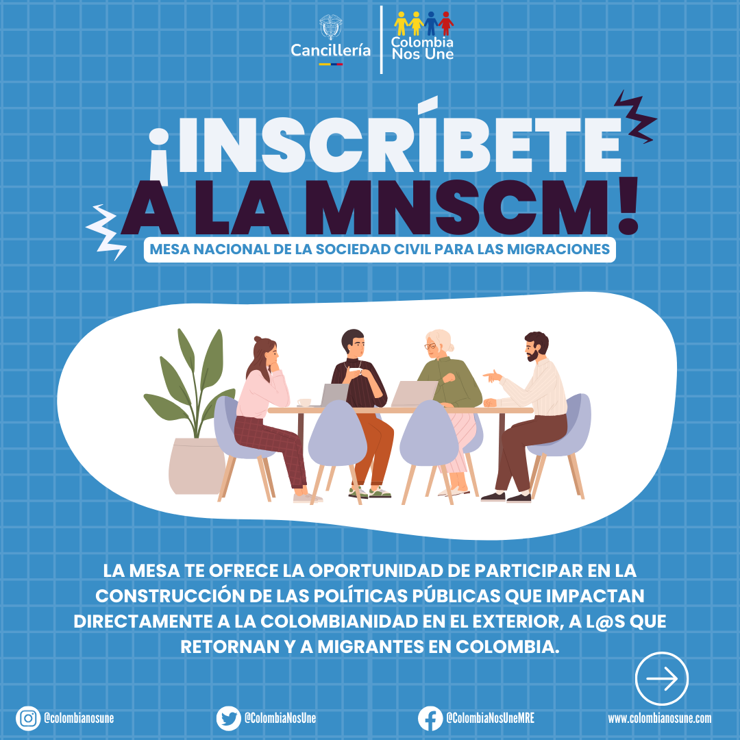 ColombiaNosUne's tweet photo. Si eres colombiano en el exterior, migrante regular o retornado, inscríbete en la Mesa Nacional de la Sociedad Civil para las Migraciones:
👉Escanea el código QR o ingresa aquí:
🔗 https://t.co/vMA8aLULkW
👉Más info:
🔗 https://t.co/ryj6x5QMNG
#Inscripción #MNSCM https://t.co/sWhO7LUkE3