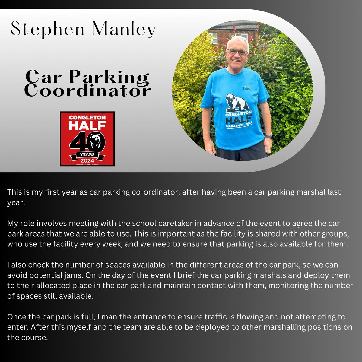 🔴 Congleton Half - Meet the half committee 🔴

In our next 'Meet the half committee' interview, we catch up with Stephen Manley, and find out more about his responsibilities both as a committee member, and as our car parking co-ordinator.