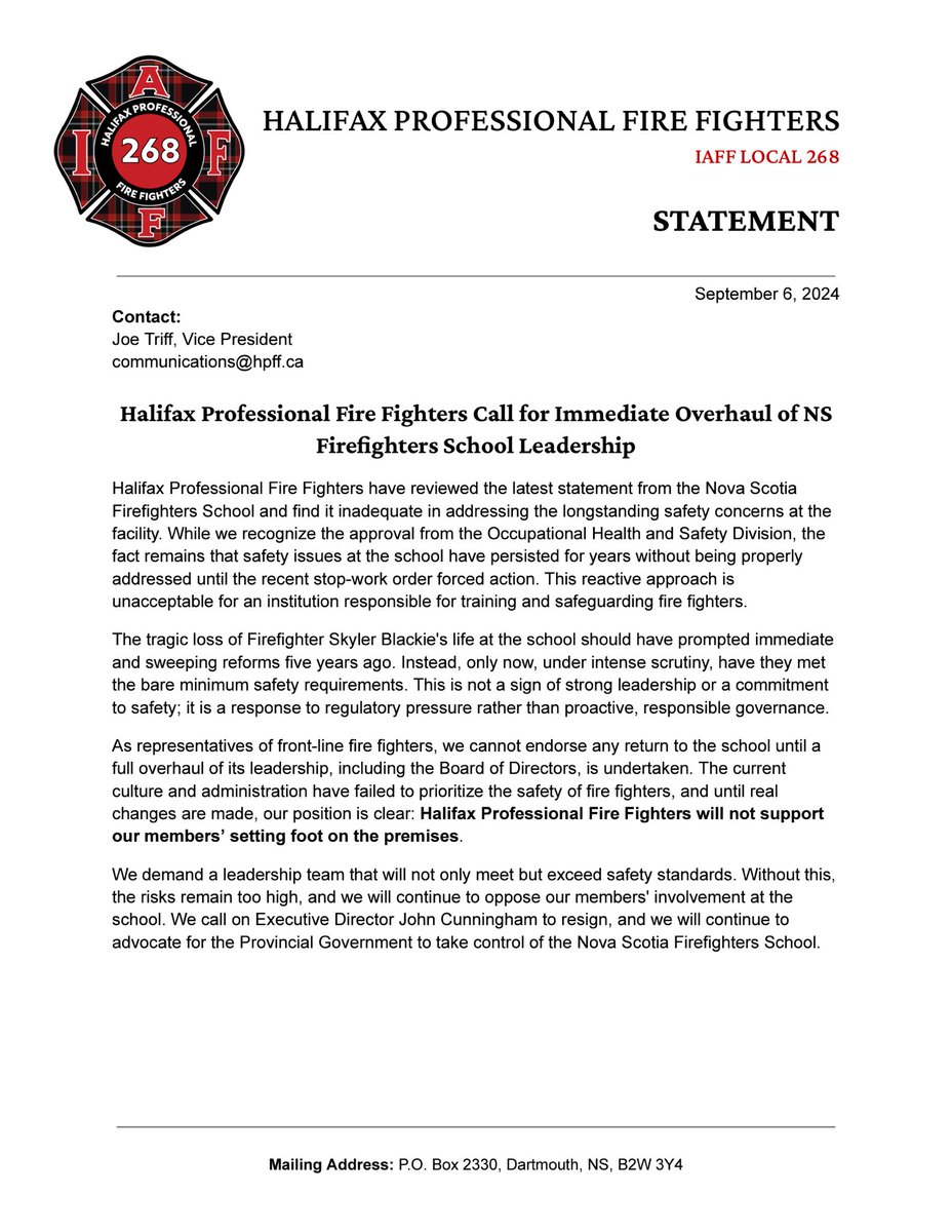 🚨 Safety is part of an organization’s culture, and leadership drives that culture. The Nova Scotia Firefighters School is lacking both.

Until real changes are made, we cannot support our members’ presence at the school. Full overhaul needed.

📄 Full statement below