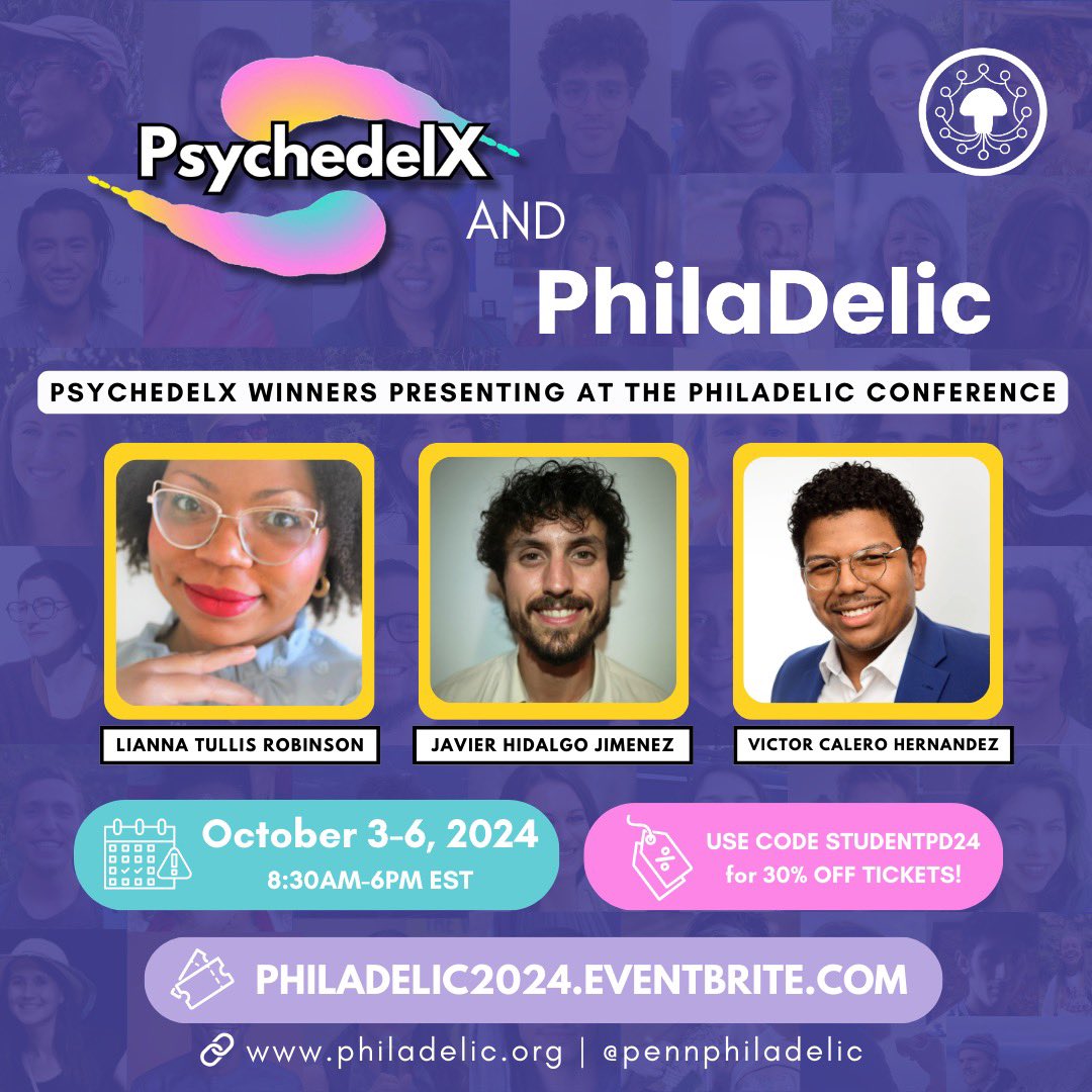 ipnpsychedelics's tweet image. IPN’s PsychedelX is excited to partner with @pennphiladelic on 10/3-10/6! 🧠
PsychedelX winners will speak at PhilaDelic at their Lightning Talk Session ⚡️
🎟️Tickets on sale now at PhilaDelic.org ! Use code STUDENTPD24 for 30% off all in-person and livestream passes
