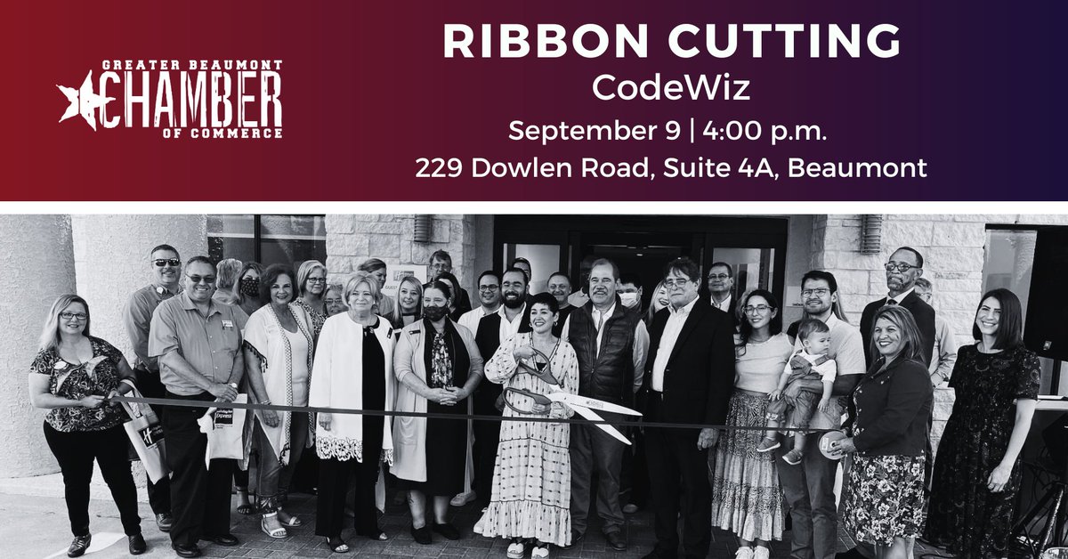 BMTChamber's tweet image. Join us to the cut the ribbon on one of our newest members, CodeWiz, a new coding and programming facility here in Beaumont. The facility will be open, and tours will be offered for everyone!
#GBCOC #BeaumontTx #CodeWiz #RibbonCutting