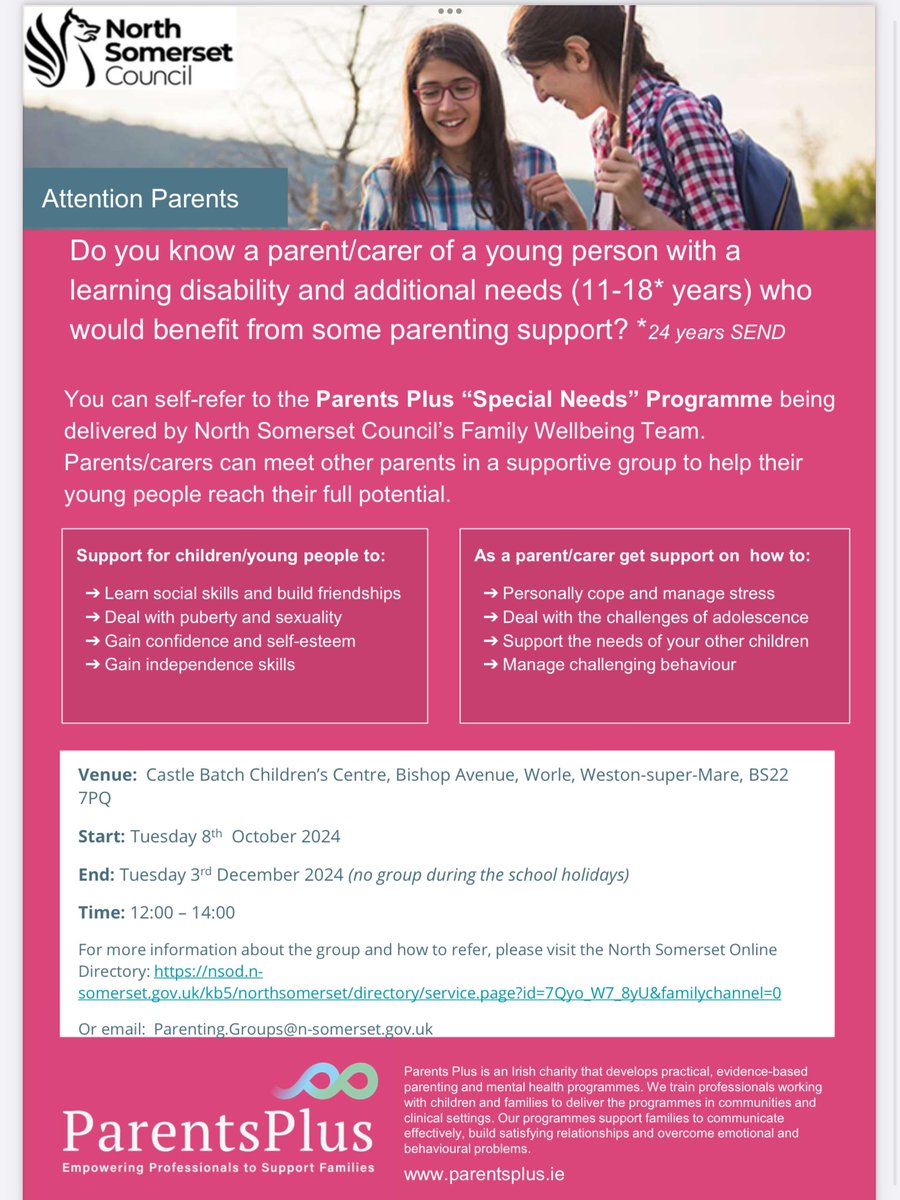 North Somerset Parent Carers Working Together (@nspcwt) on Twitter photo This 8-week programme is designed to support parents/carers with a teenager or young adult who has an intellectual disability and associated conditions which may include autism, physical disability & additional needs
parenting.groups@n-somerset.gov.uk
#NorthSomersetCouncil This 8-week programme is designed to support parents/carers with a teenager or young adult who has an intellectual disability and associated conditions which may include autism, physical disability & additional needs
parenting.groups@n-somerset.gov.uk
#NorthSomersetCouncil