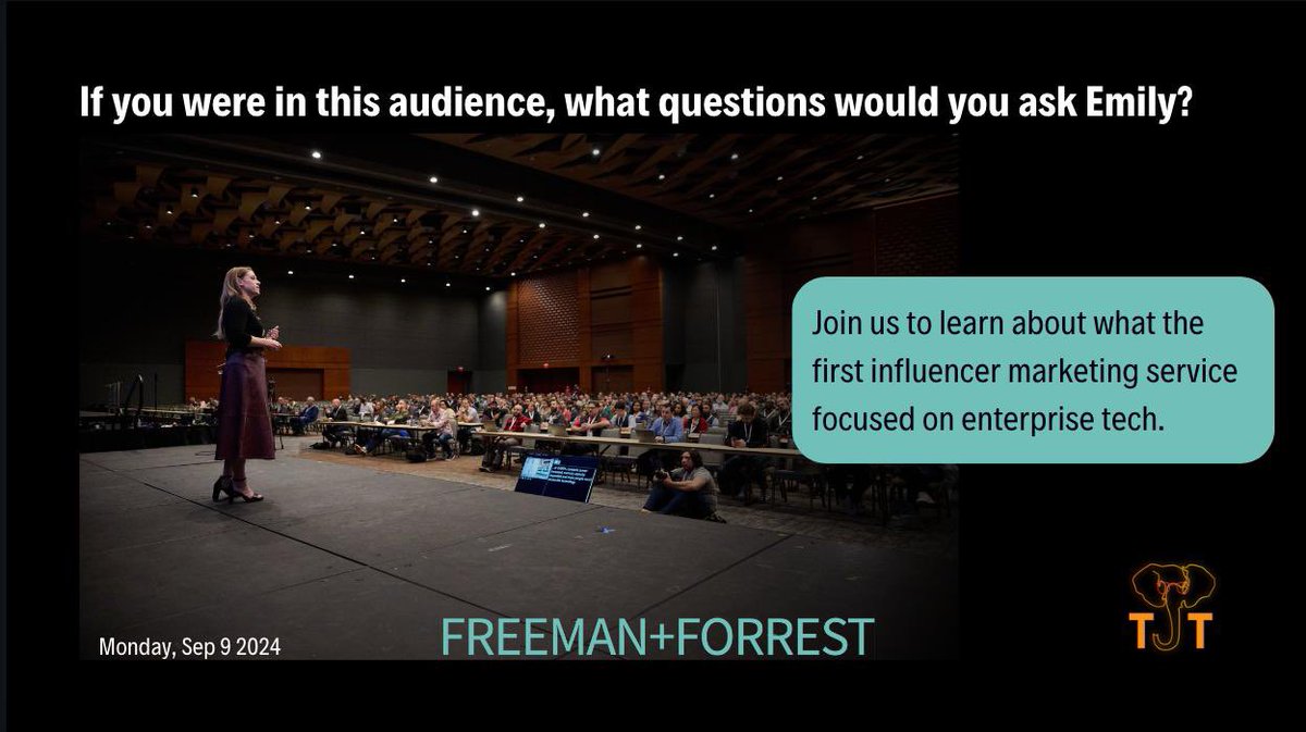 Jenn Junod (@jennjunod) on Twitter photo If you were in this audience, what questions would you ask <a href="/editingemily/">emily freeman</a> ??
Join us to learn about, FREEMAN+FORREST, the first influencer marketing service focused on enterprise tech.
🗓️Monday, Sep 9 2024
⏰ 9am PST If you were in this audience, what questions would you ask <a href="/editingemily/">emily freeman</a> ??
Join us to learn about, FREEMAN+FORREST, the first influencer marketing service focused on enterprise tech.
🗓️Monday, Sep 9 2024
⏰ 9am PST