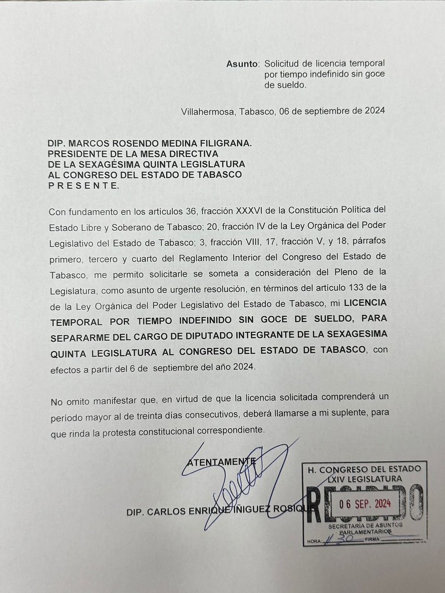 A todas y todos los ciudadanos de Tabasco:

Quiero informarles que he tomado la decisión de solicitar licencia sin goce de sueldo a partir del día de hoy. Esta medida es parte de mi compromiso con el ejercicio transparente y responsable de mis funciones.

Durante este periodo, me