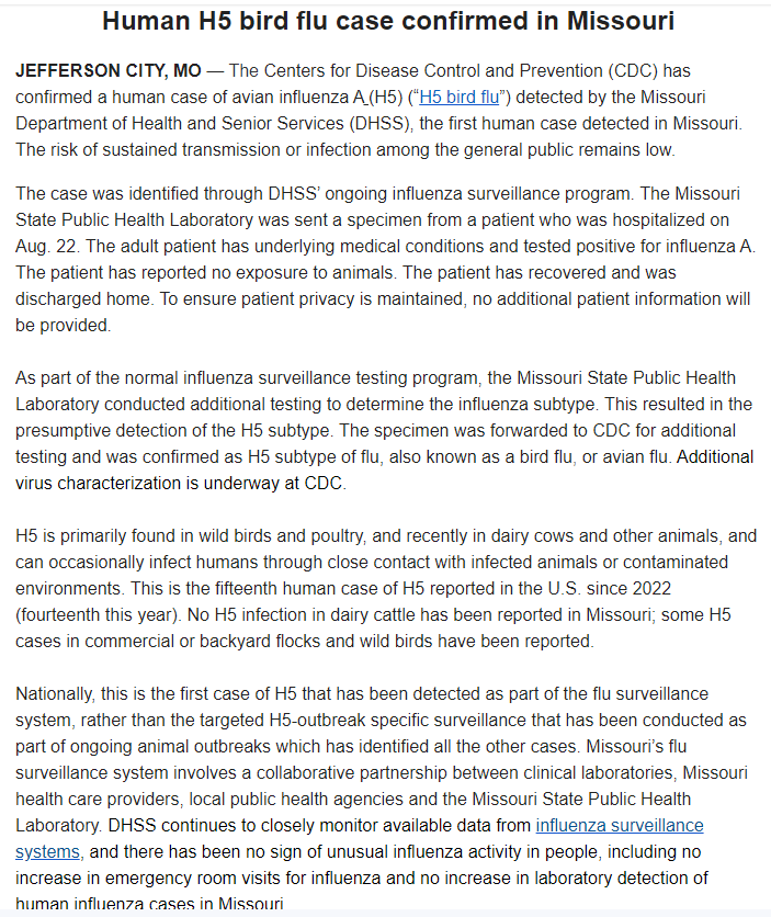 BNOFeed's tweet image. BREAKING: Missouri reports human case of H5 bird flu with no known link to animals