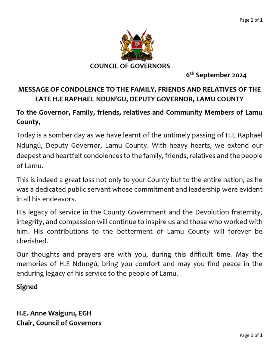 Today is a somber day as we have learnt of the untimely passing of H.E Raphael Ndung'u, DG, Lamu County. With heavy hearts, we extend our heartfelt condolences to the family, friends, relatives &amp; the people of Lamu.
Our thoughts &amp; prayers are with you, during this difficult time