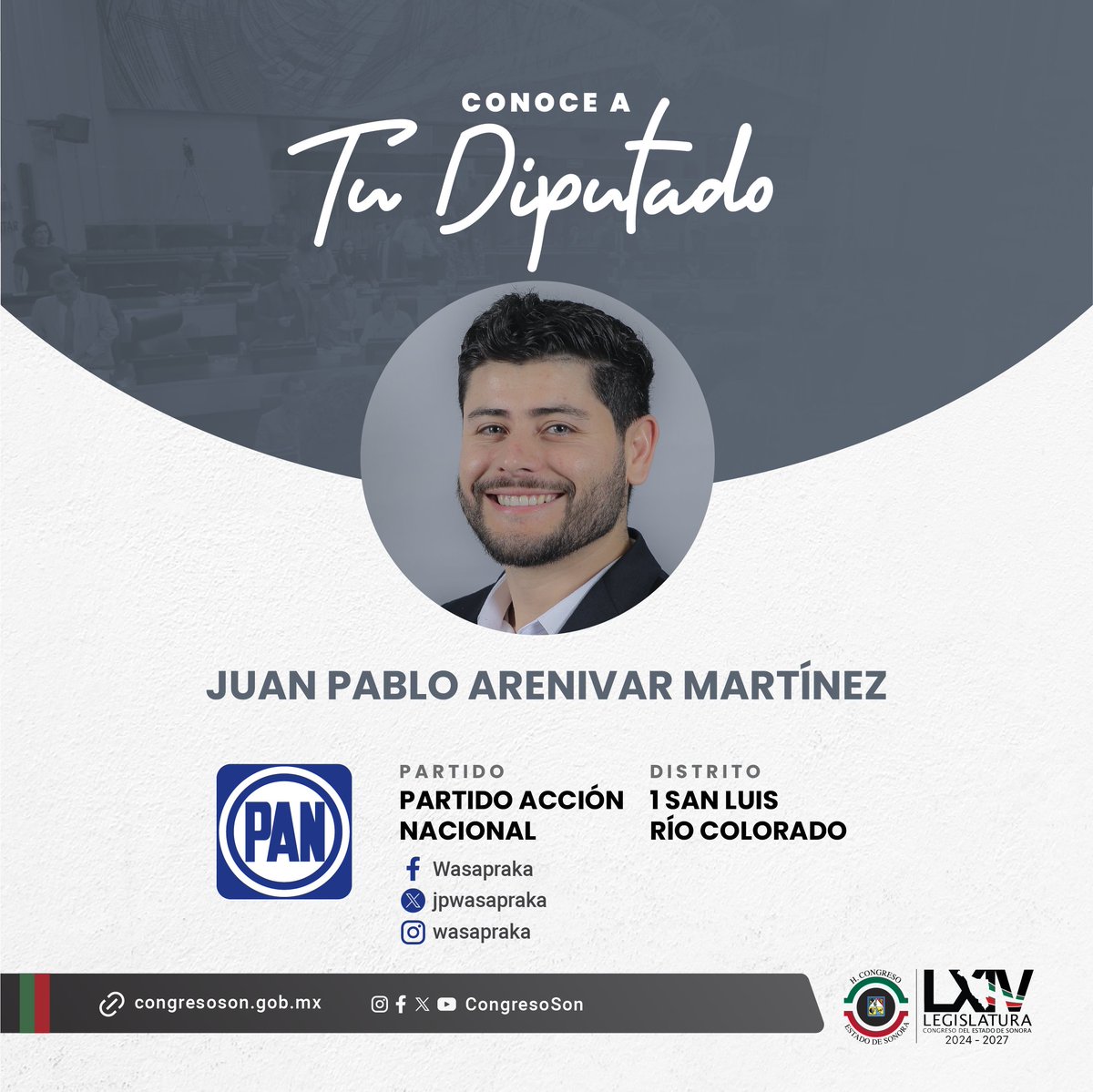 ⚪️¡Atención, #SLRC! Las y los invitamos a conocer a su diputado <a href="/jpwasapraka/">Wasapraka 🍏</a>, representante del primer distrito por el grupo parlamentario de <a href="/PANporSonora/">PAN por Sonora</a>. #ConoceATuDiputado