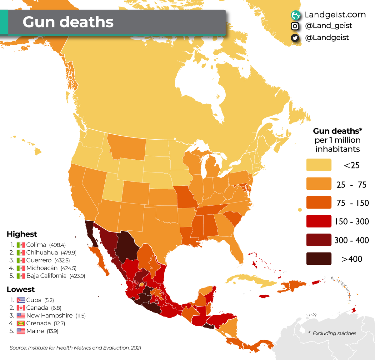 LegrandGIS's tweet photo. Map Showing Gun Deaths In North &amp; Central America https://t.co/2o3Z7uvhBs https://t.co/1MPtLX7s5W