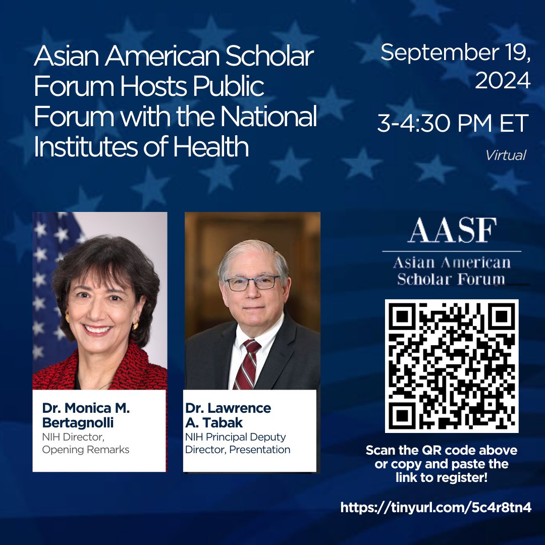 Asian American Scholar Forum (@aasforumorg) on Twitter photo BREAKING: Join <a href="/AASForumOrg/">Asian American Scholar Forum</a> on 9/19 at 3pm ET as we host a Public Forum with <a href="/NIH/">NIH</a> leadership. Speakers will include <a href="/NIHDirector/">NIH Director</a> Dr. Bertagnolli & NIH Principal Deputy Director, Dr. Tabak. Open to the public! Register here: us02web.zoom.us/webinar/regist… BREAKING: Join <a href="/AASForumOrg/">Asian American Scholar Forum</a> on 9/19 at 3pm ET as we host a Public Forum with <a href="/NIH/">NIH</a> leadership. Speakers will include <a href="/NIHDirector/">NIH Director</a> Dr. Bertagnolli & NIH Principal Deputy Director, Dr. Tabak. Open to the public! Register here: us02web.zoom.us/webinar/regist…