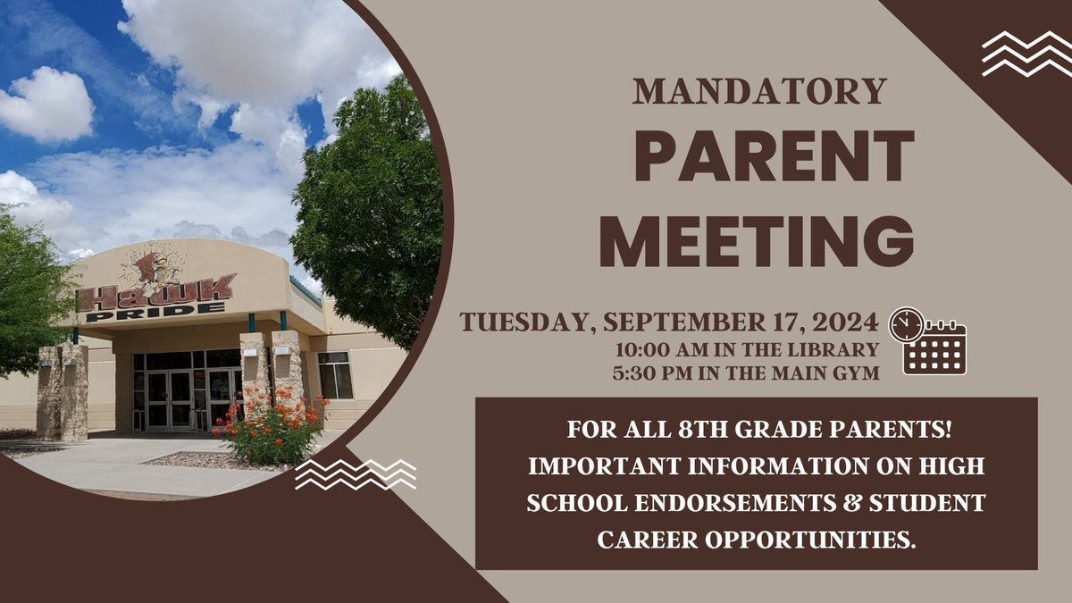 📢 Dear Hawk Parents, 

MANDATORY meeting for ALL 8th Grade Parents! Important info on high school endorsements &amp; student career opportunities.

🗓️ Tuesday, Sept 17, 2024  
🕙 10:00 AM in the Library  
🕠 5:30 PM in the Main Gym  

Thank you, HMS Counseling Team