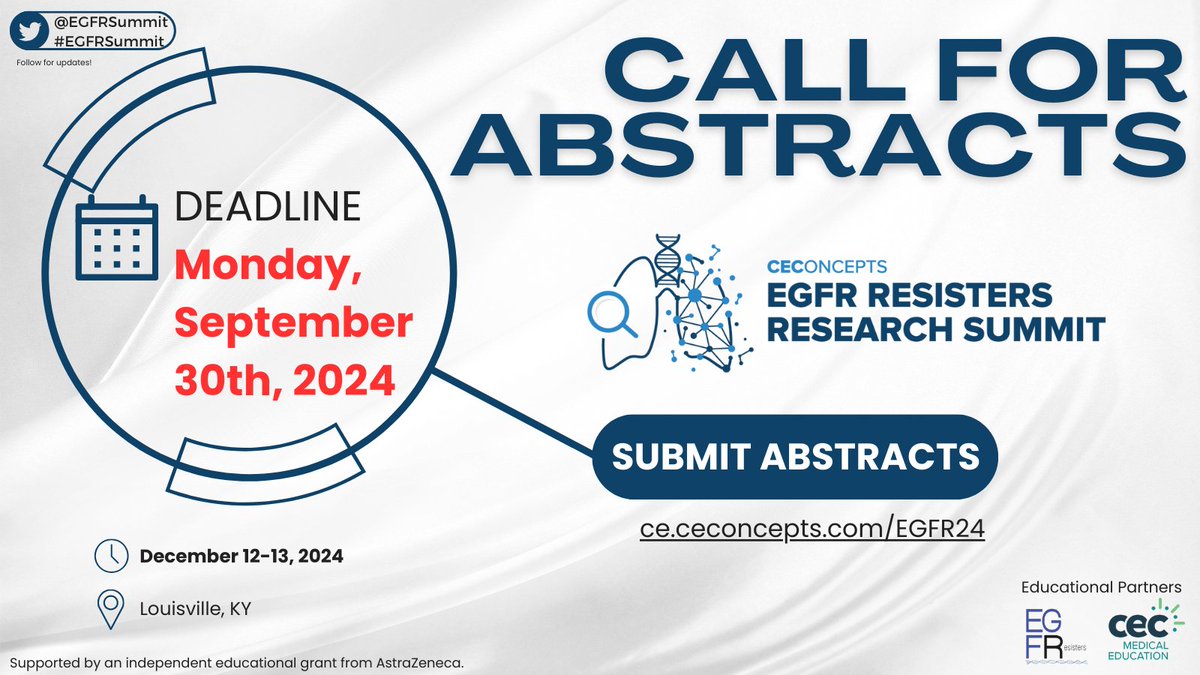 EGFR Resisters Research Summit (@egfrsummit) on Twitter photo 🌟 Unlock new possibilities in #LungCancer #Research
Submit your abstract by Sept 30 ➡ce.ceconcepts.com/EGFR24
<a href="/jillfeldman4/">Jill Feldman</a> <a href="/ZPiotrowskaMD/">Zosia Piotrowska</a> @egfrresisters <a href="/StephenVLiu/">Stephen V Liu, MD</a> <a href="/HelenaYu923/">Helena Yu</a> <a href="/maryjofidlerMD/">Mary Jo Fidler</a> <a href="/christine_lovly/">Christine Lovly, MD, PhD, FASCO</a> @CEC_onc #LCSM #EGFR #EGFRSummit 🌟 Unlock new possibilities in #LungCancer #Research
Submit your abstract by Sept 30 ➡ce.ceconcepts.com/EGFR24
<a href="/jillfeldman4/">Jill Feldman</a> <a href="/ZPiotrowskaMD/">Zosia Piotrowska</a> @egfrresisters <a href="/StephenVLiu/">Stephen V Liu, MD</a> <a href="/HelenaYu923/">Helena Yu</a> <a href="/maryjofidlerMD/">Mary Jo Fidler</a> <a href="/christine_lovly/">Christine Lovly, MD, PhD, FASCO</a> @CEC_onc #LCSM #EGFR #EGFRSummit
