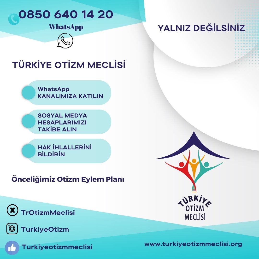Türkiye Otizm Meclisi ALO OTİZM hattı açıldı...  
Ülkemizin ve dünyanın her yerinden her konuda bize  0 850 640 14 20 numaralı whatsup numaramızdan ulaşabilirsiniz  

YALNIZ DEĞİLSİNİZ...  

LÜTFEN RT İLE YAYALIM...