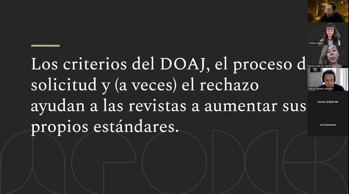 Hoy se realizó el Webinar DOAJ - SciELO MX y SciELO AR para proporcionar orientación sobre la postulación a DOAJ a las revistas incluidas en las respectivas colecciones con gran asistencia. Muchas gracias a todos los participantes y especialmente a <a href="/ivonnelujano/">Ivonne Lujano</a> y <a href="/gimenadelr/">Gimena del Rio Riande</a>