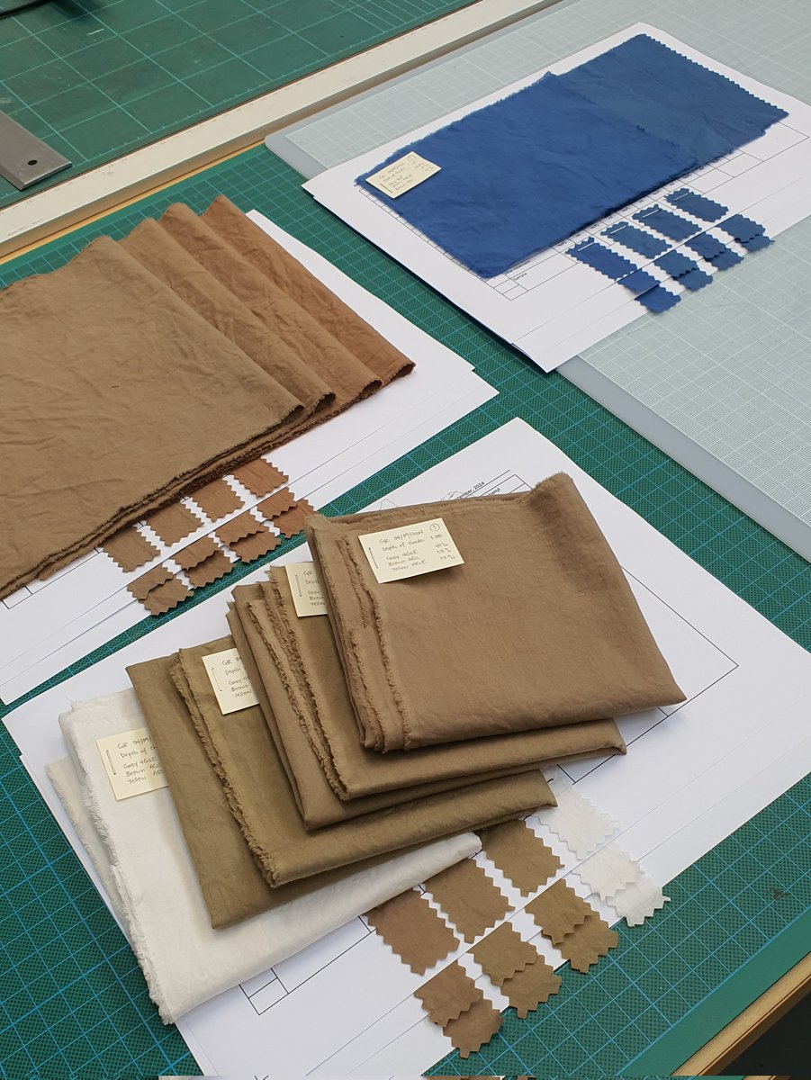 glycylserine's tweet image. Dyeing three batches of fabric within two days had been exhausting. But laying them out side by side and getting those dye sheets done almost felt like a comforting hug 🥺🤎💙 #textileconservation #realtimechem