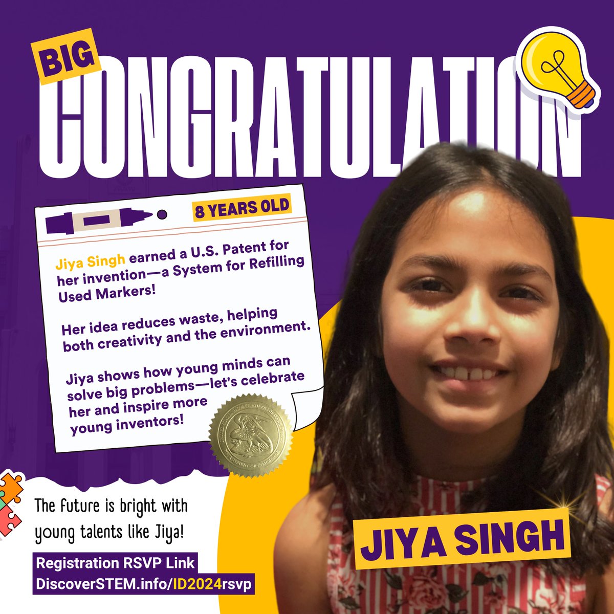 Big congrats to 8-year-old Jiya Singh on earning a U.S. #Patent for her eco-friendly marker refilling system!  Let's celebrate young minds solving big problems! Join us on #InnovationDay 2024 to see 100+ students receive their Patent Certificates!

 RSVP: DiscoverSTEM.info/ID2024rsvp