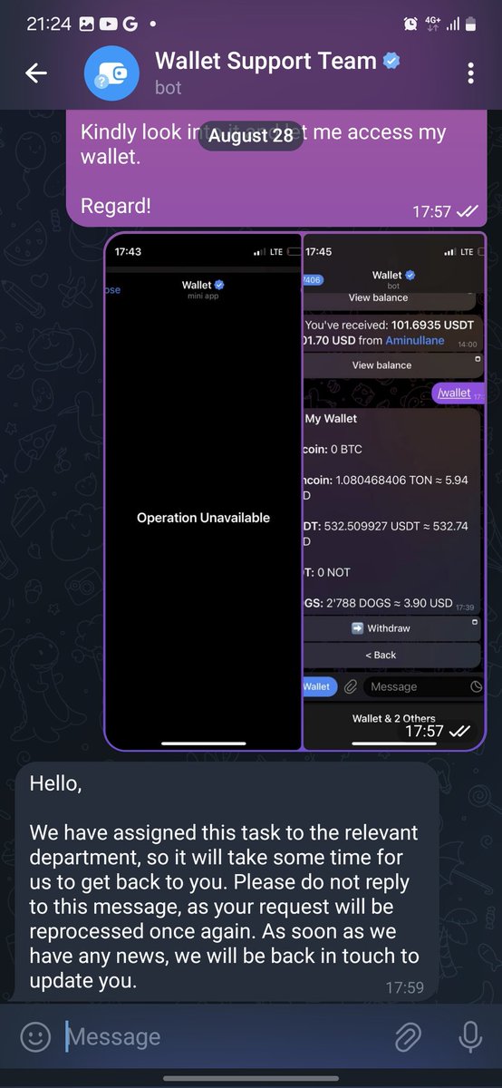 AhmadMusaAdams's tweet photo. @wallet_tg @telegram 
I have been chatting via all handles but still you're yet to let me access my funds https://t.co/juc5FKjVKB