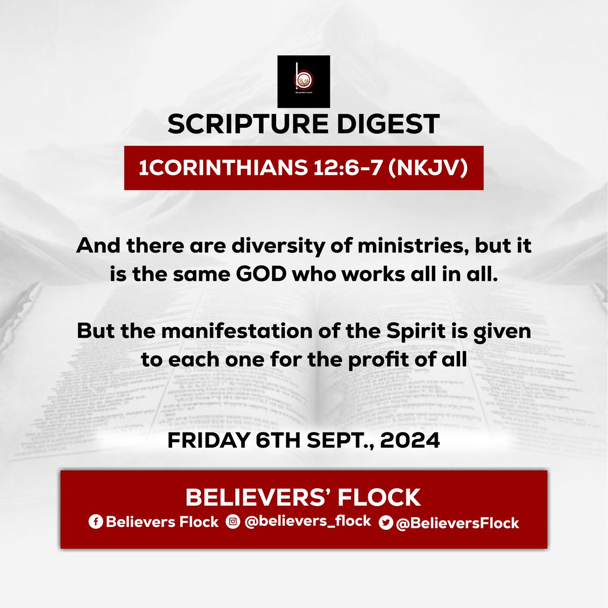 Believersflock's tweet photo. 1 Corinthians 12:6-7 (NKJV)
#Dailyscripturedigest
#1Corinthians12:6-7
#NKJV
#NKJVBible
#Friday.06.09.2024
#believersflock https://t.co/7XAbljI8OW