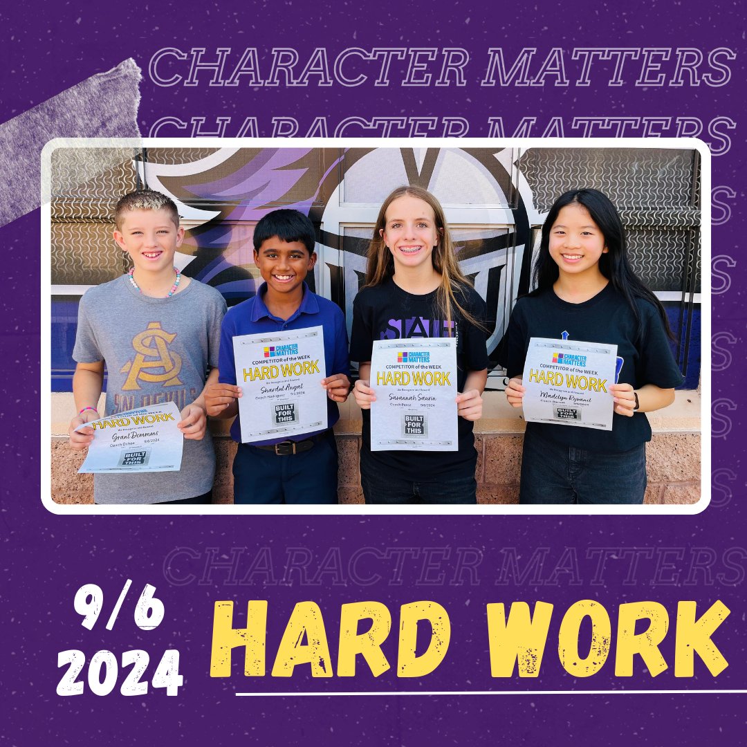 Congratulations to our Character Matters Athletes of the Week! This week’s theme was Hard Work, and these athletes show top effort, endurance, diligence, and great energy. Congratulations Knight’s! 💜⚔
@chandlerunified #wearechandlerunified
