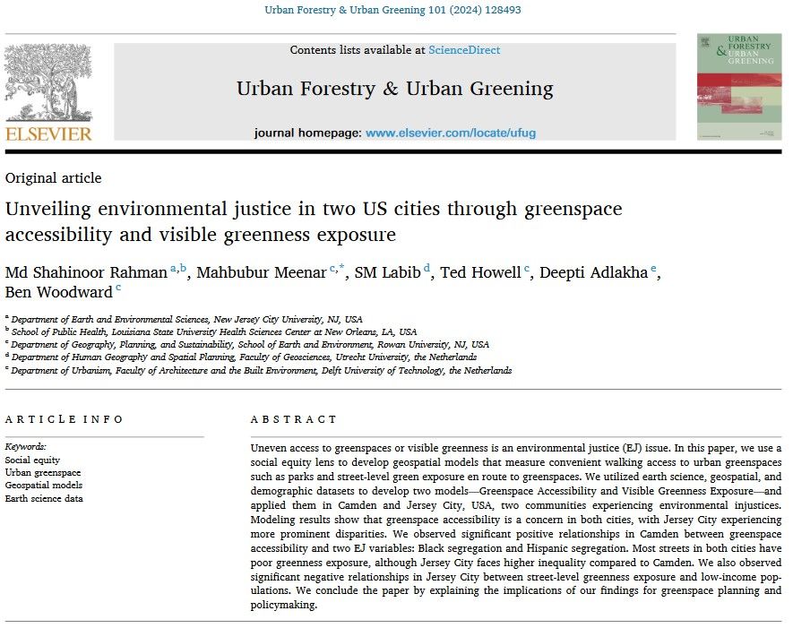 meenar's tweet photo. 🌳Sharing free access to the first paper from a @NASA-funded project "from Green to GrEEEn." We used an #Environmental #Justice lens to model equitable walking access to greenspaces and street-level green exposure. https://t.co/dE0BG0gsMu @RowanUniversity @rowan_earth @thatguyneb https://t.co/CjmszxRUvm