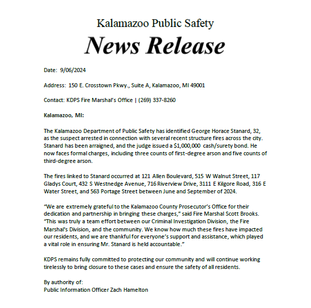 KalPublicSafety's tweet image. 𝗖𝗔𝗦𝗘 𝗨𝗣𝗗𝗔𝗧𝗘: George Stanard, 32, arrested for multiple arson charges in recent Kalamazoo fires. Bond set at $1M. KDPS thanks the community and Prosecutor's Office for their support. 

#KDPS #NewsRelease #CaseUpdate #Arson #Kalamazoo