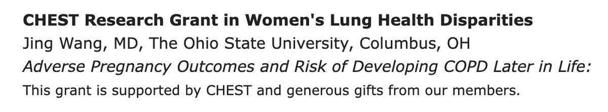 Thank you <a href="/accpchest/">CHEST</a> for the Women's Lung Health Disparities grant and the opportunity to investigate the intersection of adverse pregnancy outcomes and future maternal risk of developing COPD! #COPD #WomensHealth 
chestnet.org/membership-and…