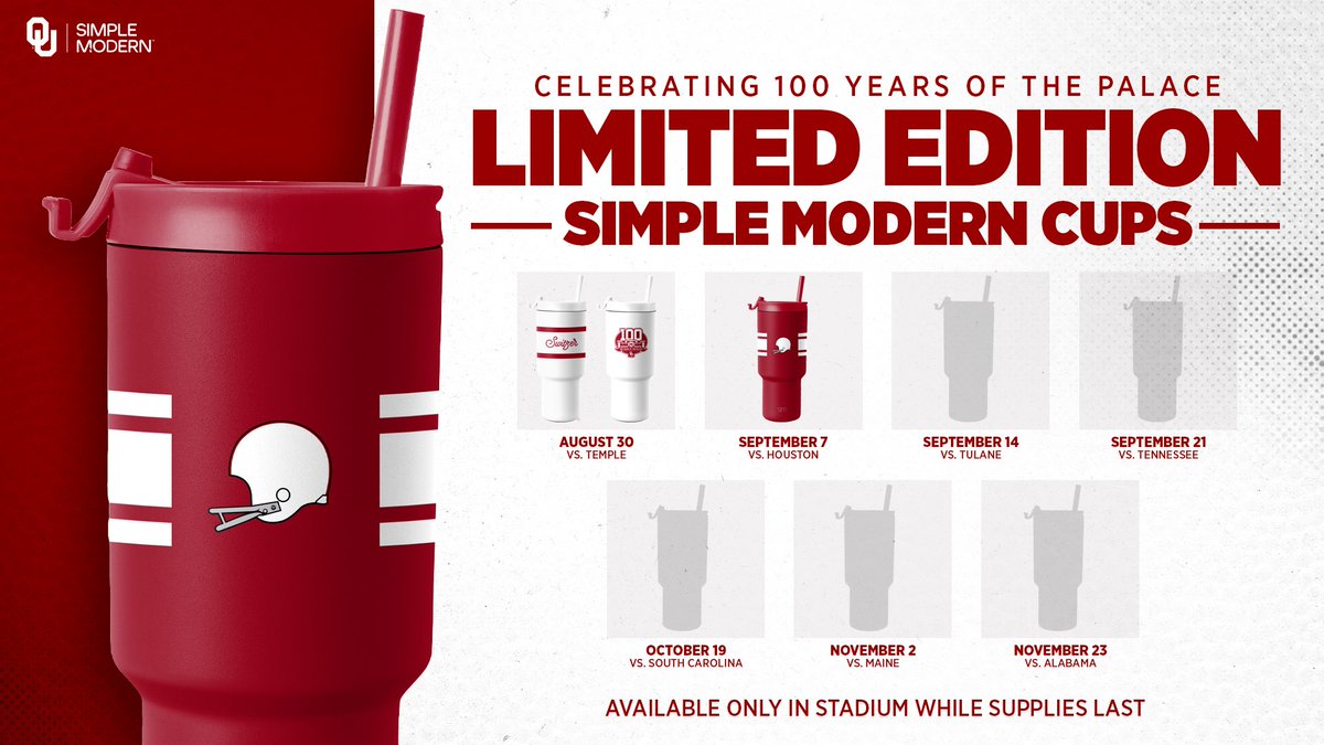 Oklahoma Sooners (@ou_athletics) on Twitter photo Throwin' it back for this week's <a href="/simplemodernco/">Simple Modern</a> tumbler of the game!
Available throughout the stadium for a limited time on game day:
🥤 Redzone Fanfare
🥤 Kickoff Classics
🥤 Stadium Fan Favorites
🥤 Goal Line Grill Throwin' it back for this week's <a href="/simplemodernco/">Simple Modern</a> tumbler of the game!
Available throughout the stadium for a limited time on game day:
🥤 Redzone Fanfare
🥤 Kickoff Classics
🥤 Stadium Fan Favorites
🥤 Goal Line Grill