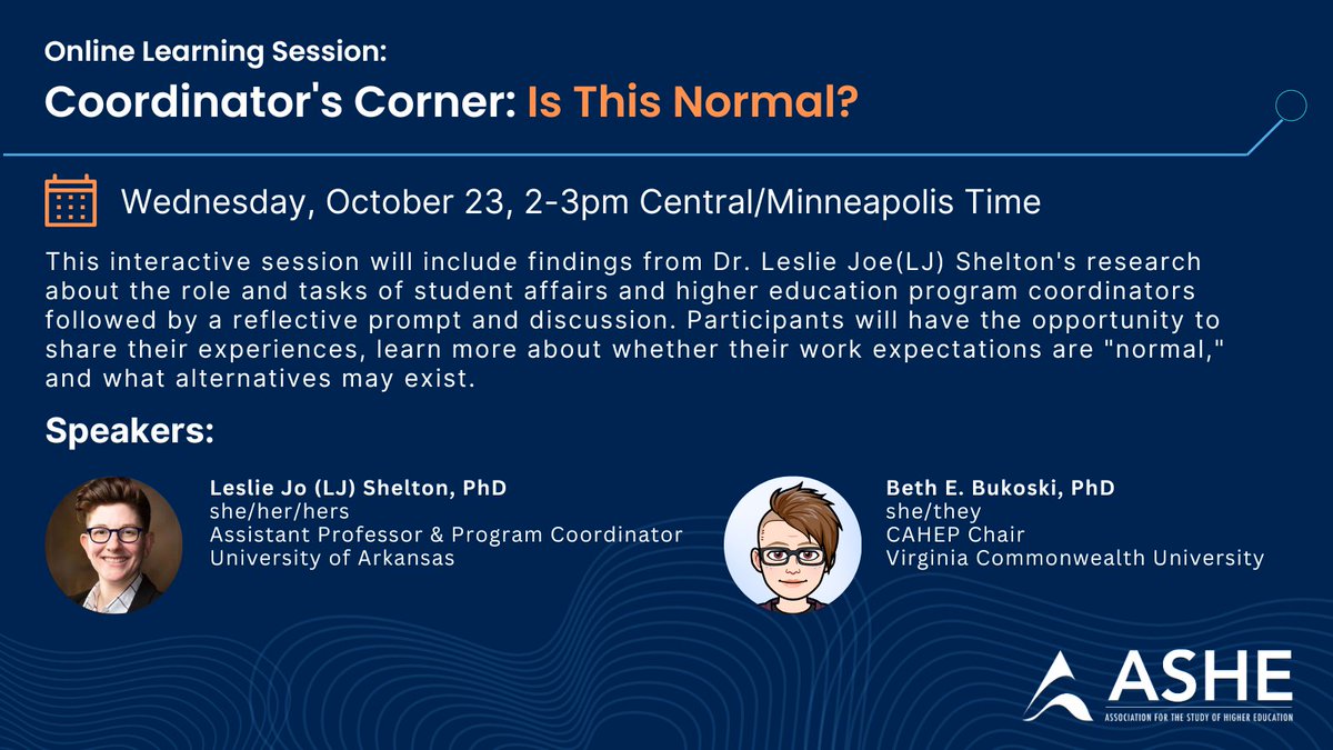 🎉 @CAHEPASHE is back with TWO free workshops for Program Coordinators! 🎉

Programmatic External Reviews w/ Paul Eaton &amp; @ErinDoran_EdD
📅 Sept 18, 2-3pm Central

Is This Normal? w/ <a href="/LeslieJoShelton/">LJ</a> &amp; Beth Bukoski
📅 Oct 23, 2-3pm Central

🔗 Register: ashe.ws/cahepworkshops