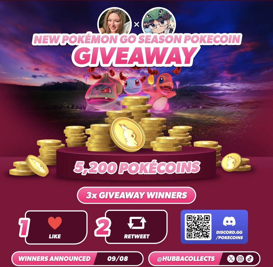 Hi friends 👋

I’m collaborating with <a href="/hubbacollects/">hubba bubba</a> to give away 5200 PokeCoins! 🎁💰

❤️x3 Lucky Winners 🏆 

TO ENTER:
Like ❤️
Retweet 🔁
Tag a friend 🧚‍♀️

Ends 8th of September 
Join discord.gg/pokecoins for an extra entry!

Please check him out ! 

Disclaimer ‼️I’m