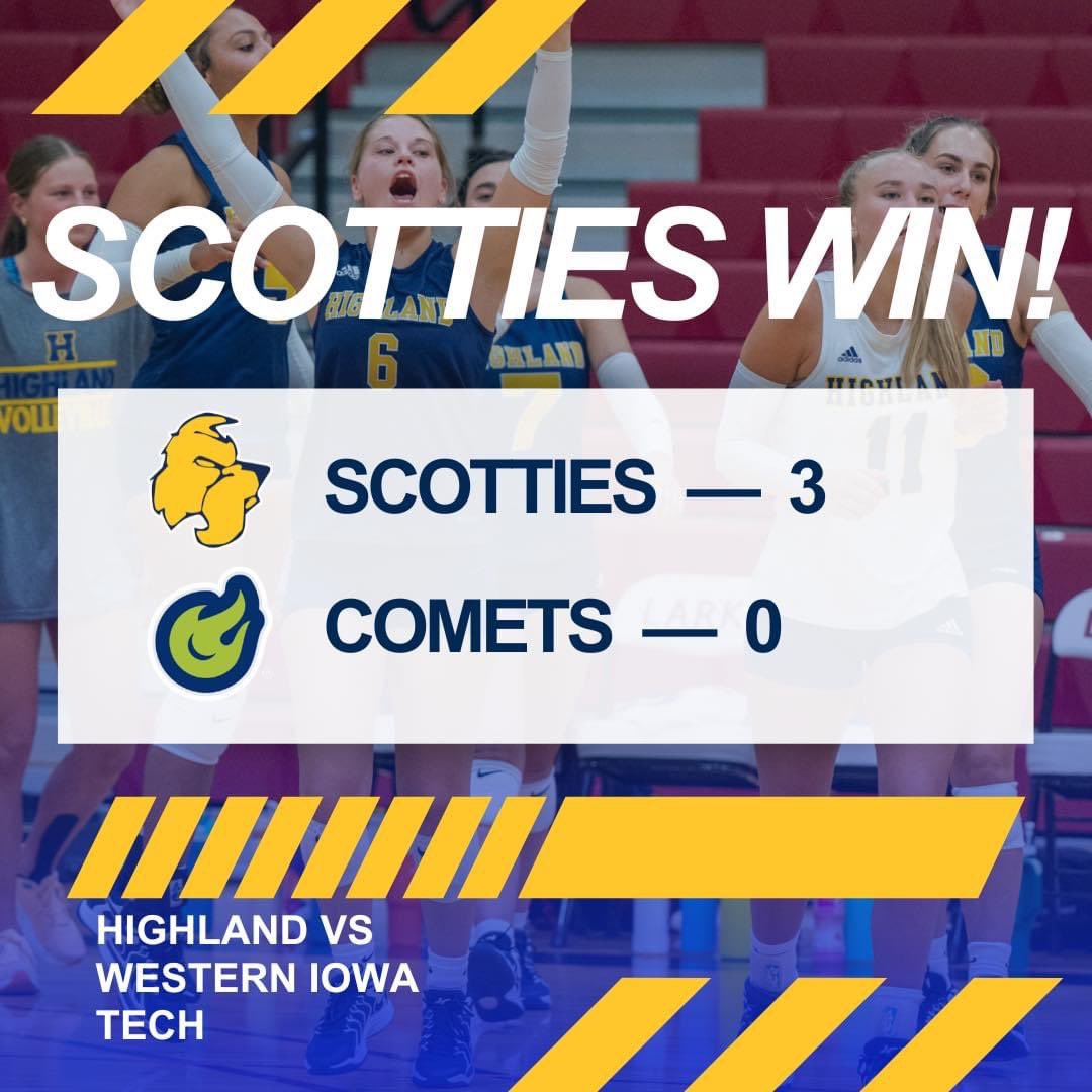 Navy and gold — name a better combo, we’ll wait. 💙💛 Highland defeats Western Iowa Tech 3-0.

#GoScotties #HCCVBall #HCC