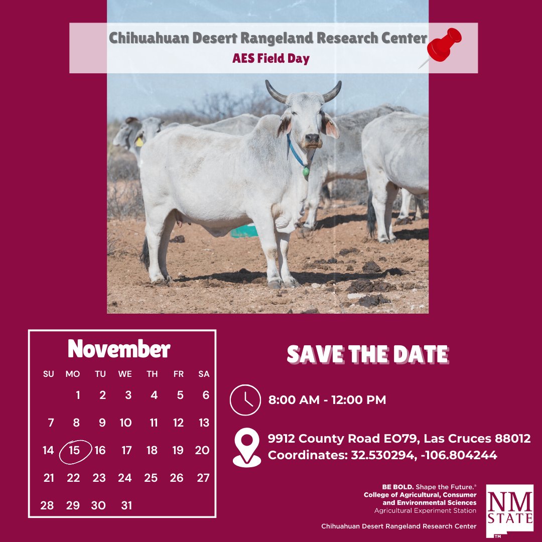 Mark your calendars! The Chihuahuan Desert Rangeland Research Center will host the last field day of the year! Join us on November 15th at 8:00 am for a day with research presentations and a free lunch. Event details to follow. #AES #savethedate #nmsu