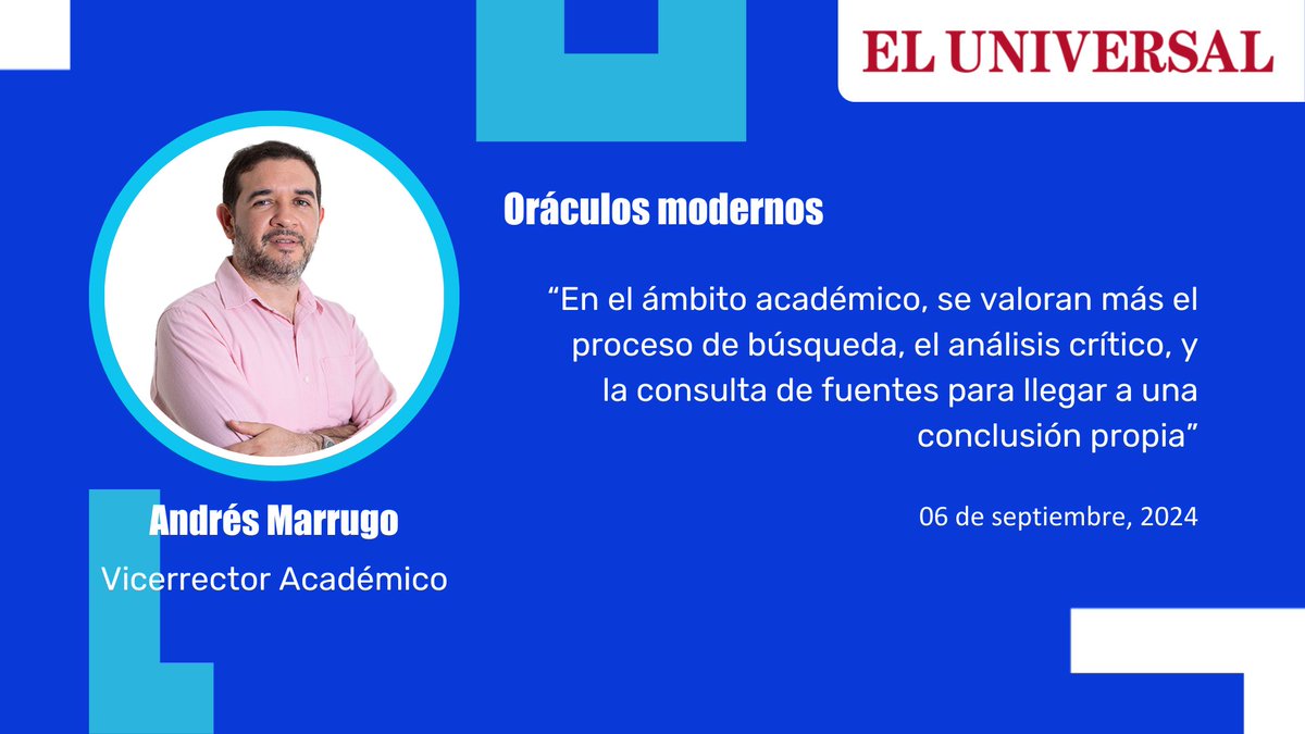 #Opinión | Conoce la opinión de Andrés Marrugo (<a href="/agmarrugo/">Andres Marrugo</a>), vicerrector académico de la #UTB, acerca del uso de la #InteligenciaArtificial generativa. Lee aquí su columna publicada en <a href="/ElUniversalCtg/">El Universal</a>: eluniversal.com.co/opinion/column…